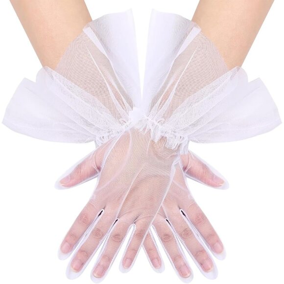 Accessories - Women's Short White Tulle Mesh Puffy Ruffle Gloves Wedding Party Prom Costume